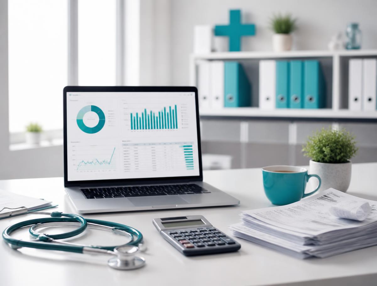Medical practice financial review desk with laptop dashboard, stethoscope and calculator