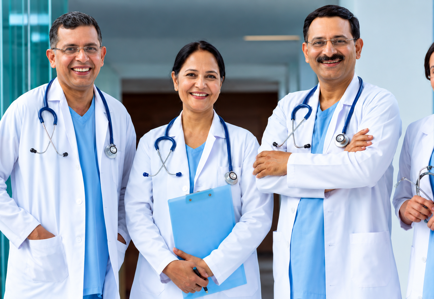 Team of smiling doctors and medical professionals in white coats
