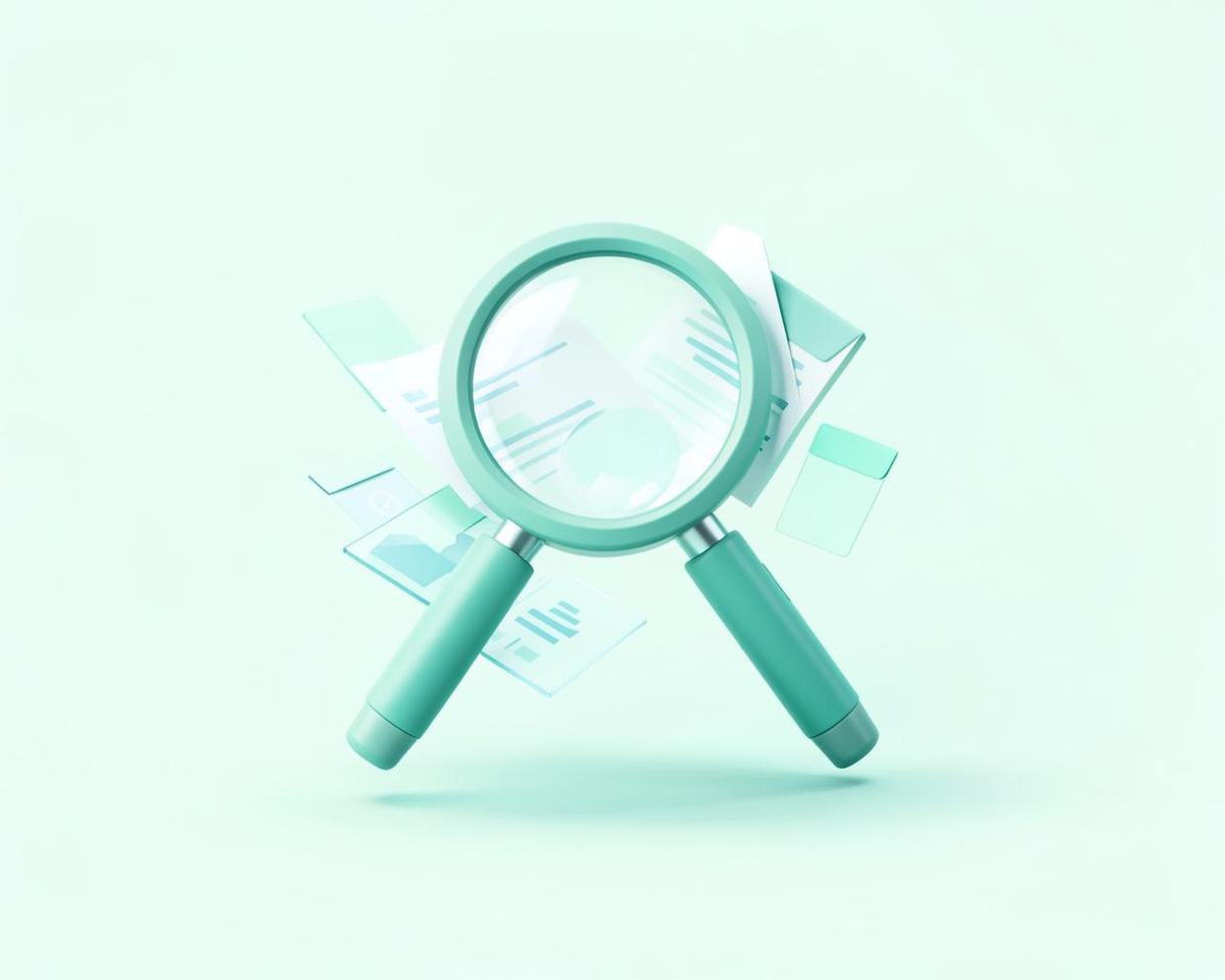 Illustration of a magnifying glass reviewing financial documents