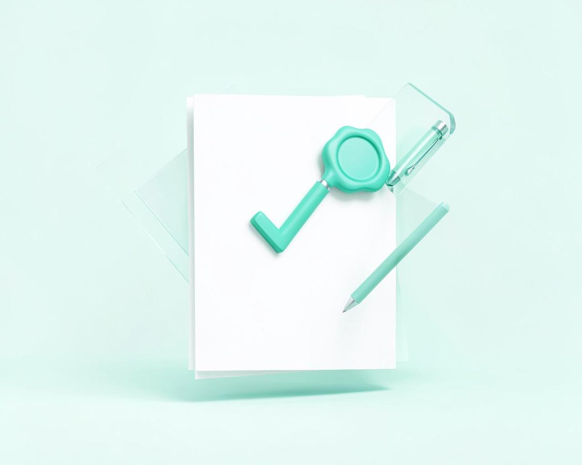 Illustration of a proposal document with a checkmark seal and pen