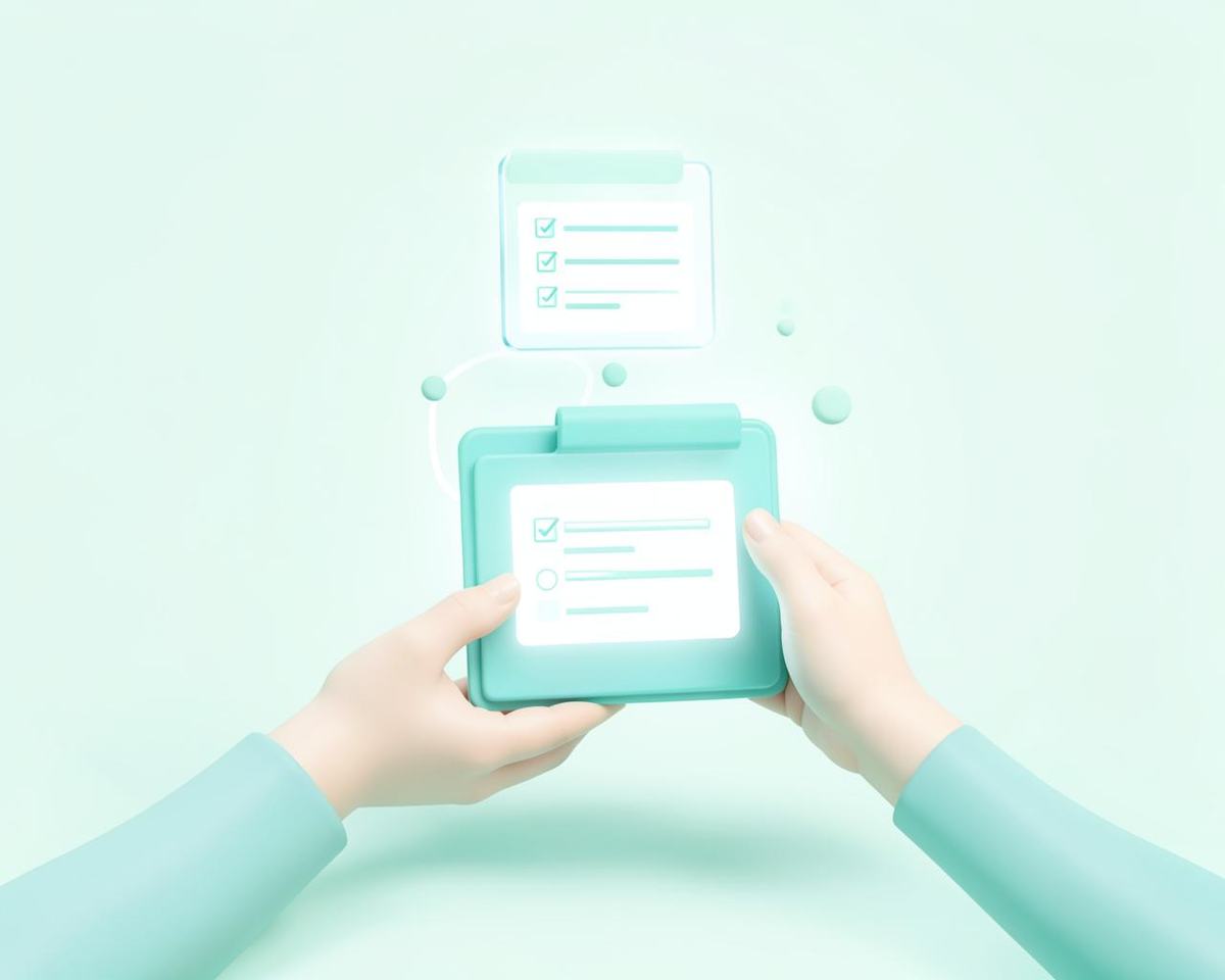 Illustration of a checklist folder handover between two people