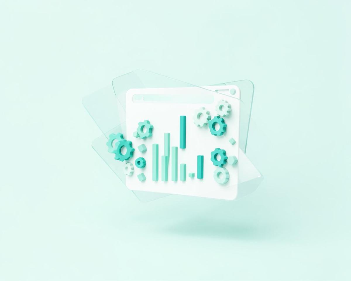 Illustration of a dashboard with charts and gears being assembled